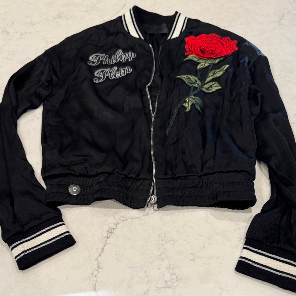 Philipp Plein Black Bomber Jacket with Red Rose Embroidery